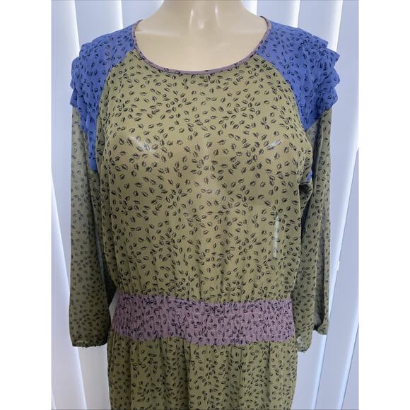 Diane Freis Midi Dress Green Floral Print 3/4Sleeve Round Neck Elastic Waist M L - Picture 2 of 7